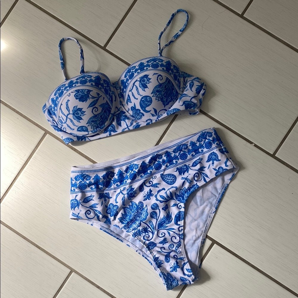 Blue and White Floral Bikini Set